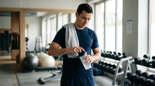 Athlète masculin tenant un shaker de créatine dans la zone de récupération d'une salle de sport